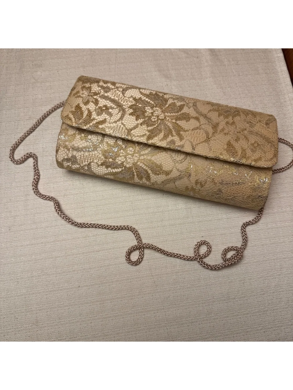 Vintage Gold Metallic Lace Evening Clutch Purse Chain Strap Formal Handbag